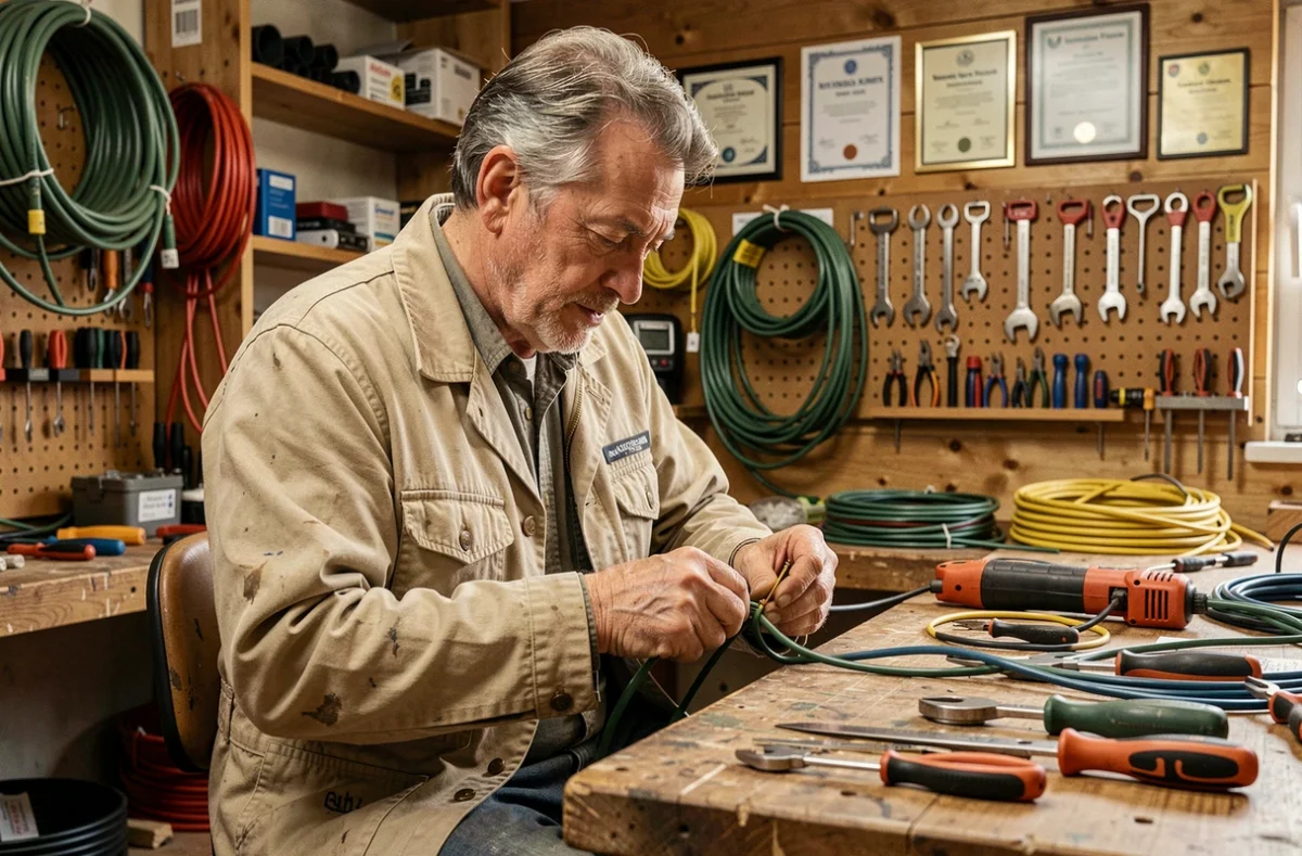 Artisan électricien de A Prost Electro Technique préparant des câbles dans son atelier dans la Loire