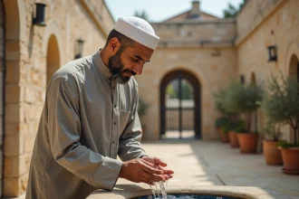 Homme effectuant les ablutions avant la prière dans la cour d'une mosquée à Argenteuil