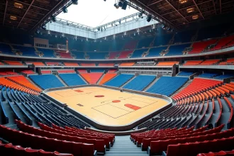 Vue panoramique de l'Accor Arena Paris avec les catégories de places en gradins colorés vus depuis le gradin supérieur