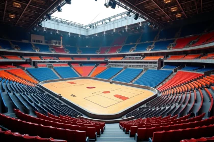 Vue panoramique de l'Accor Arena Paris avec les catégories de places en gradins colorés vus depuis le gradin supérieur