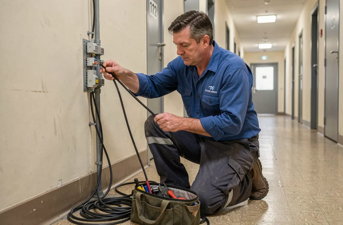Électricien ACM posant des câbles dans le couloir d'un immeuble résidentiel des Yvelines