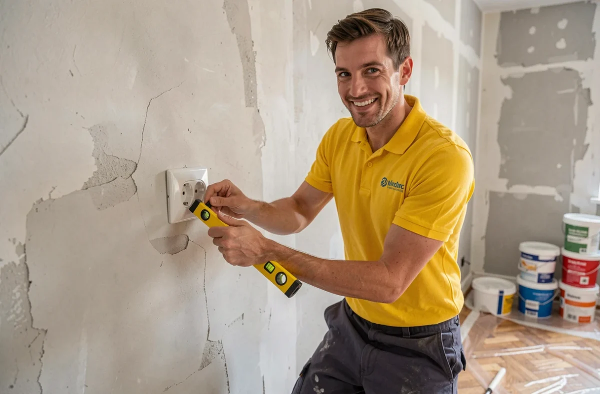 Technicien Activ'Elec posant une prise électrique dans une maison en rénovation des Yvelines
