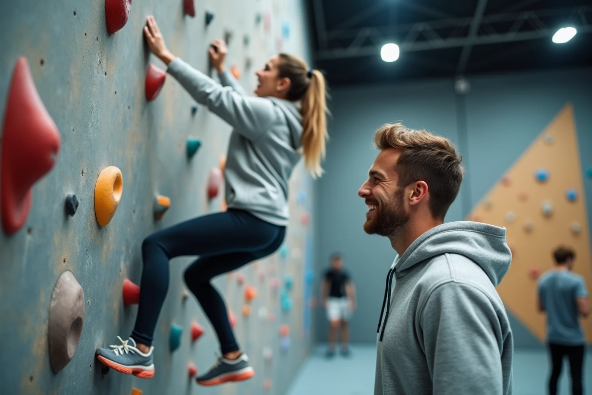 Une femme grimpe sur un mur d'escalade intérieur à Cholet sous le regard encourageant d'un homme lors d'une activité sportive de premier rendez-vous