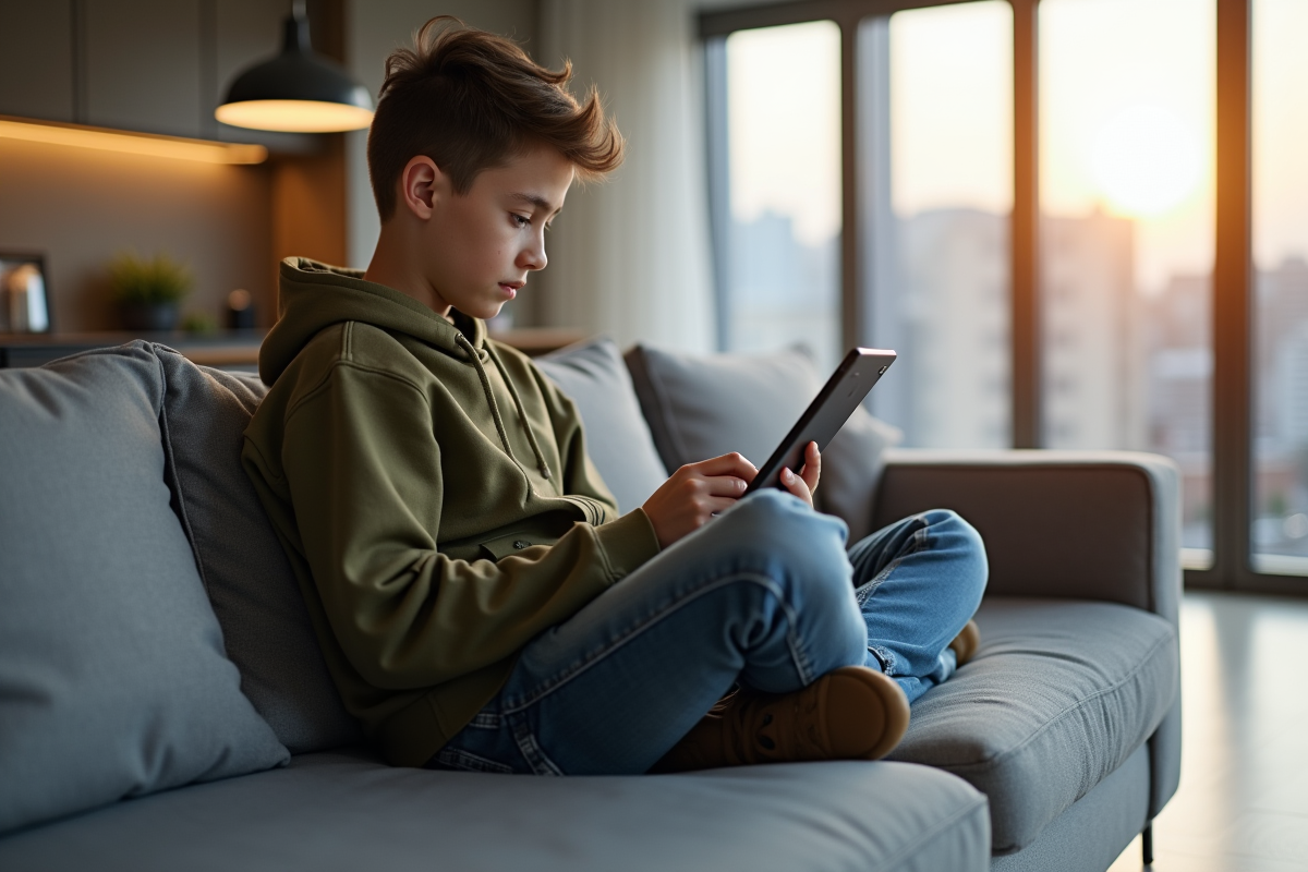 Adolescent détendu explorant une tablette dans le salon