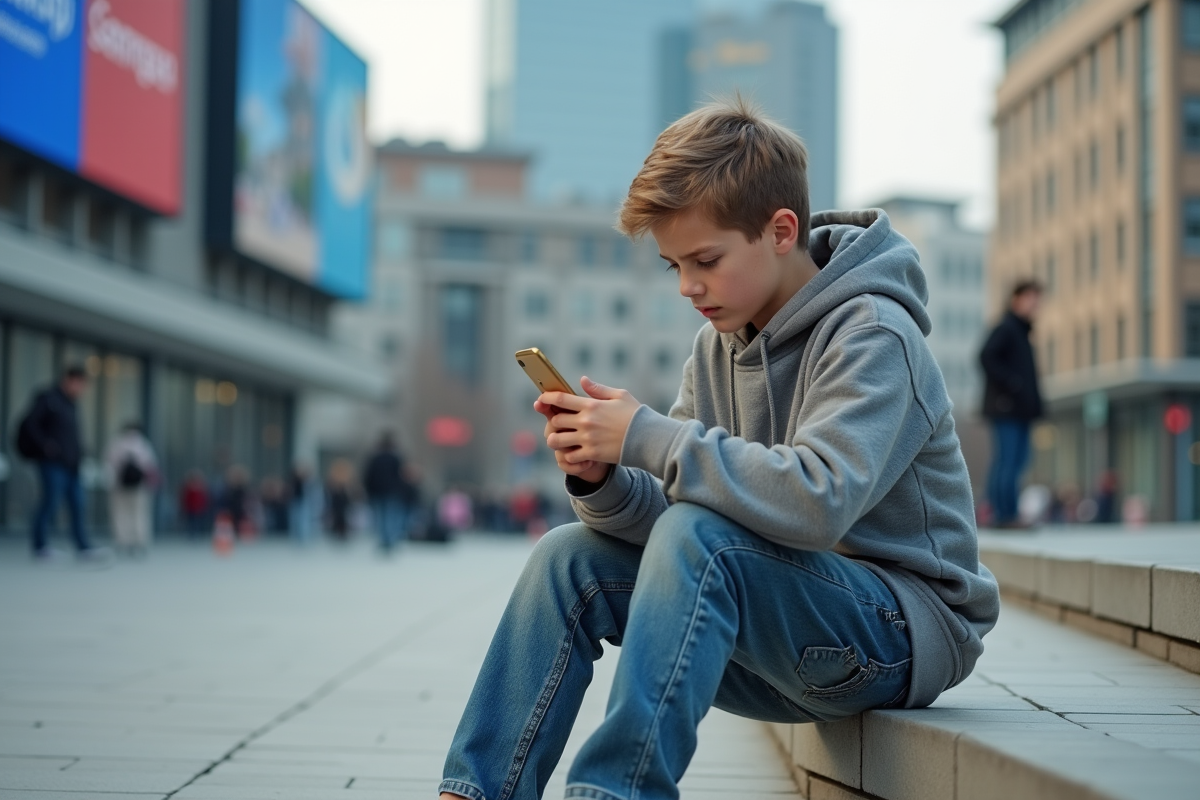 Adolescent dans une place urbaine regardant son smartphone