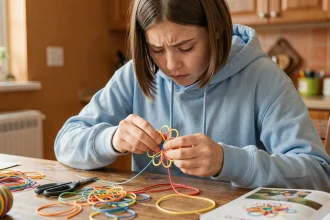 Adolescente apprenant à faire un scoubidou fleur à une table en bois, examinant une erreur de tressage sur son bracelet coloré