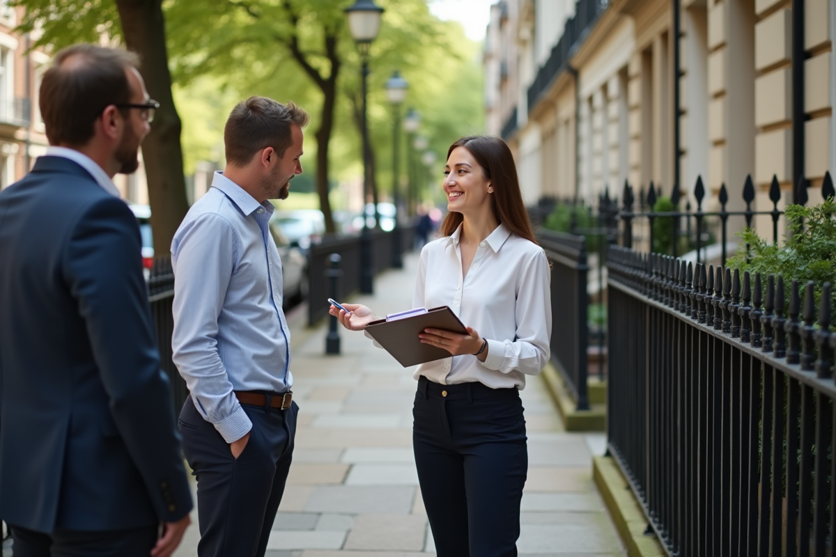 Agent immobilier discutant avec un couple devant une maison