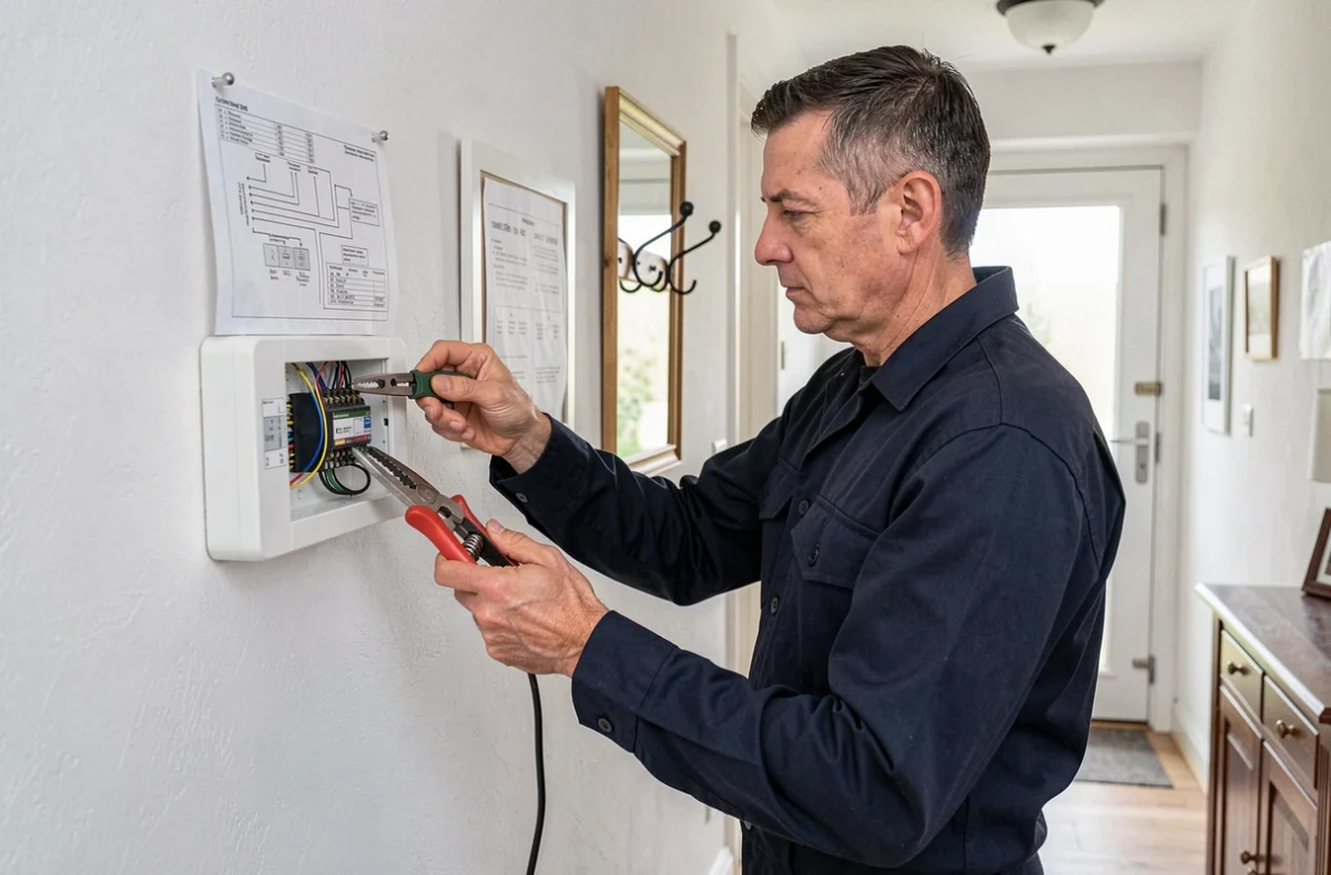 Technicien Alarme Saint Cyr Sécurité installant un panneau d'alarme filaire dans un couloir