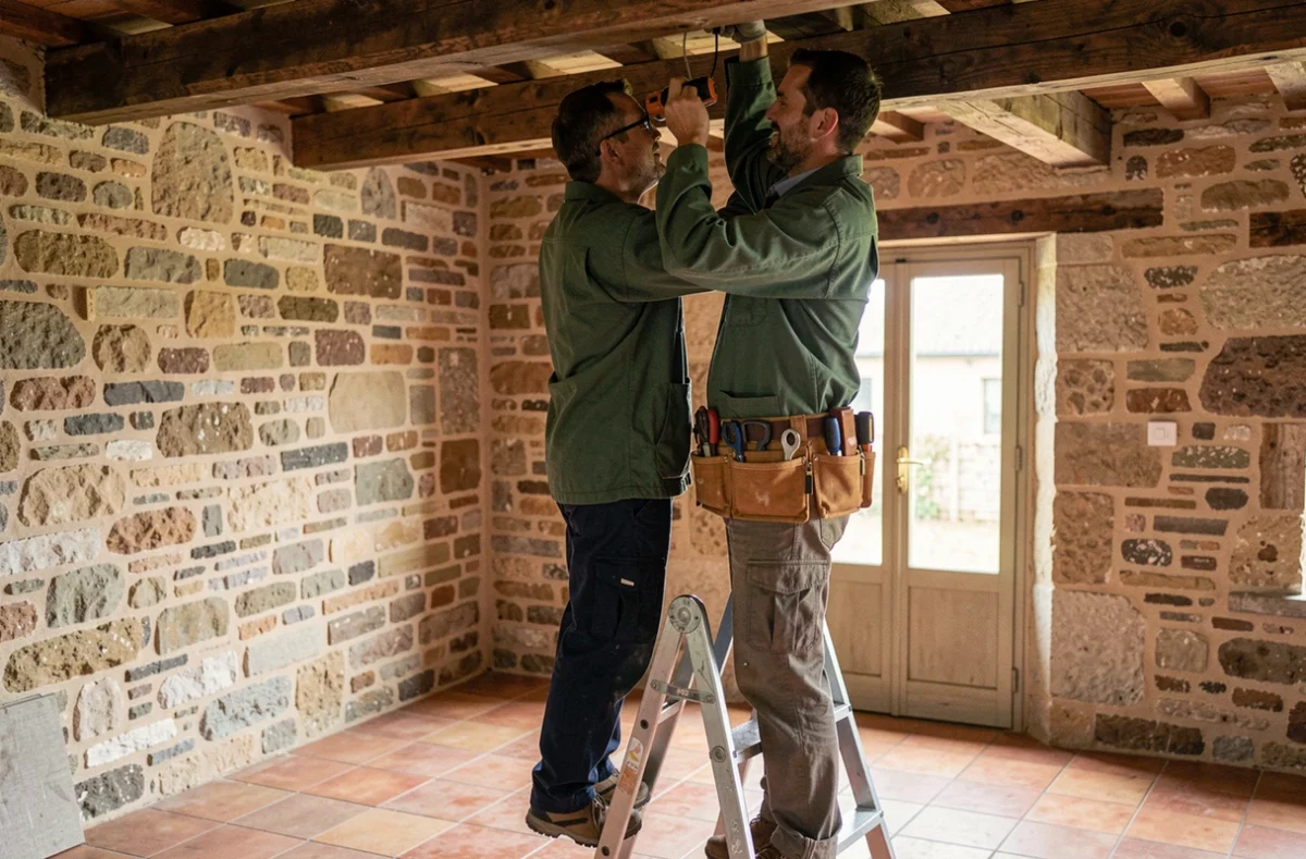 Électricien d'ALEX'ELEC installant un luminaire dans une maison ancienne à Pradines