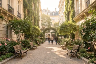 Allée ensoleillée d'un jardin public parisien avec promeneurs