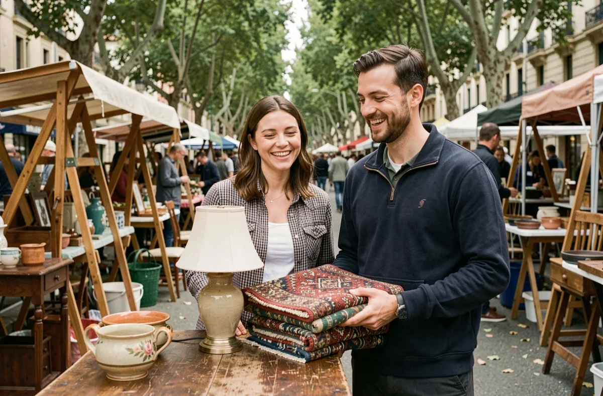 Deux amis souriants tenant leurs trouvailles lors d'une braderie de week-end en plein air avec stands d'antiquités