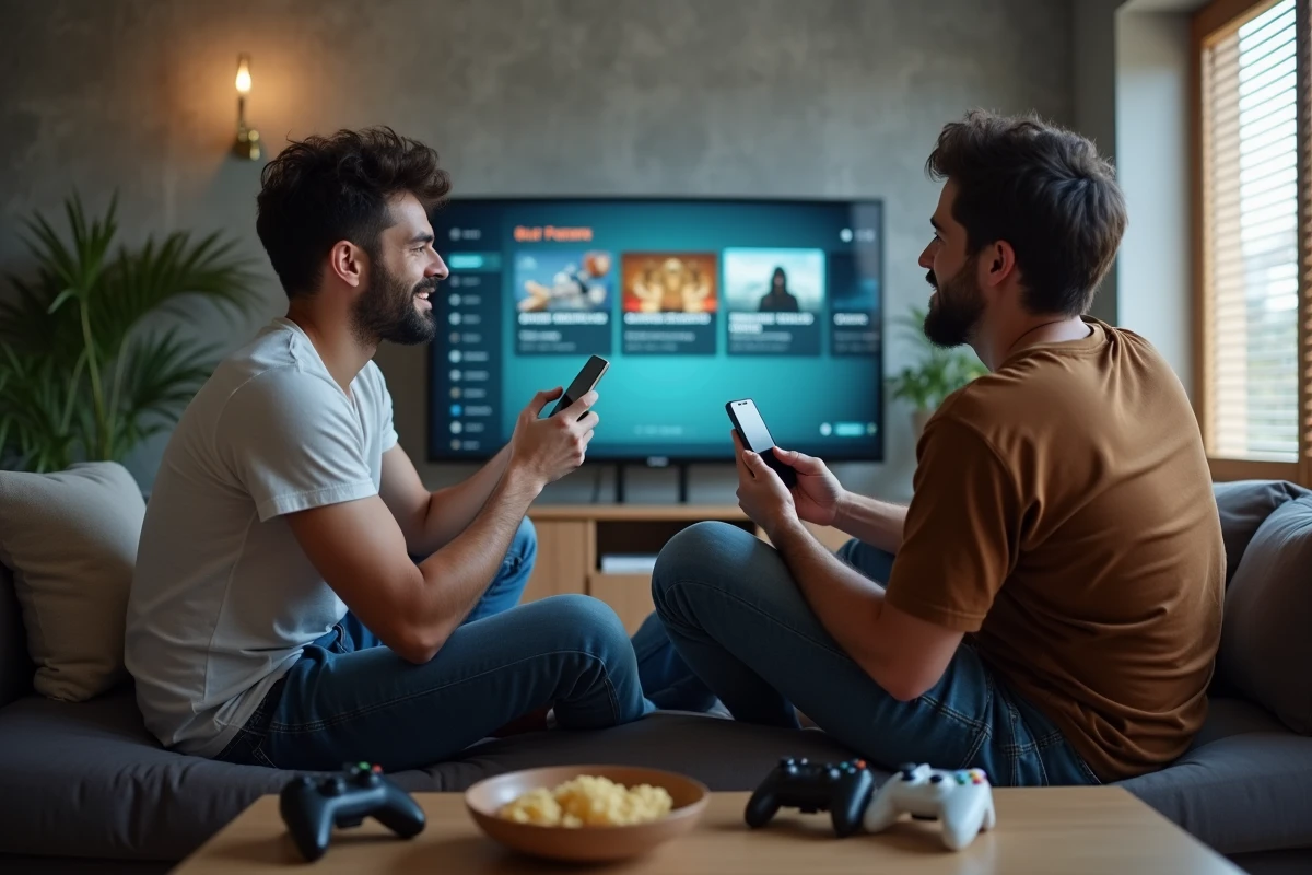 Deux amis comparant l'accès anticipé et la sortie standard de Battlefield 6 dans un salon moderne