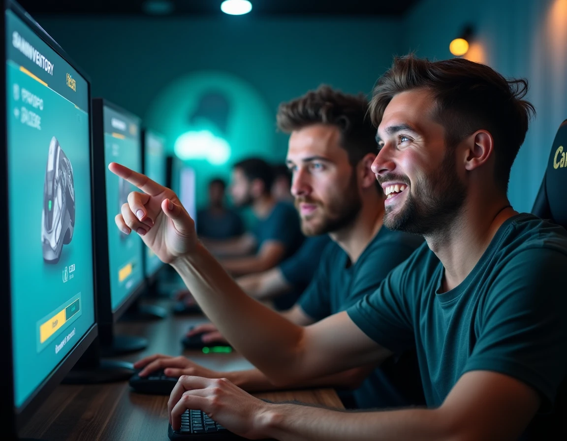 Deux amis gamers discutant de stratégies et codes promo Hellcase dans un café e-sport