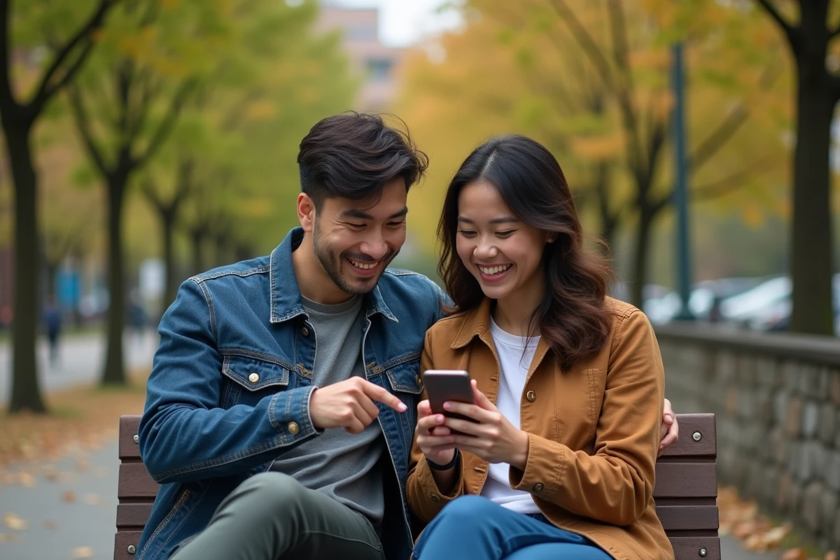 Deux amis lisant ensemble un manga sur smartphone dans un parc urbain en automne