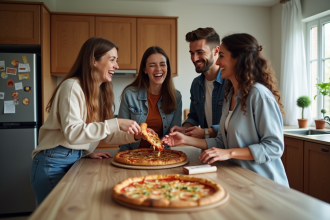 Groupe d'amis riant autour d'une pizza dans un appartement convivial