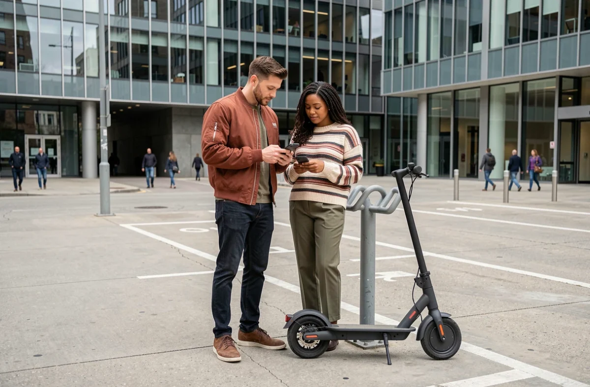 Deux amis consultant un smartphone près d'une trottinette électrique garée dans un quartier d'affaires urbain moderne