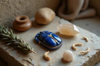 Amulette scarabée égyptien en lapis-lazuli posée sur une pierre calcaire avec sauge séchée et cristal de quartz, symbolisme spirituel