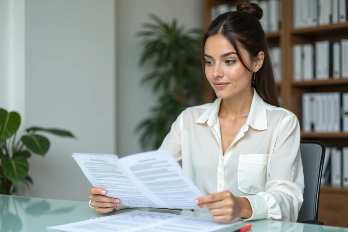 Femme juriste analysant des documents légaux liés aux droits d'auteur et aux sites de scans en ligne dans un bureau professionnel