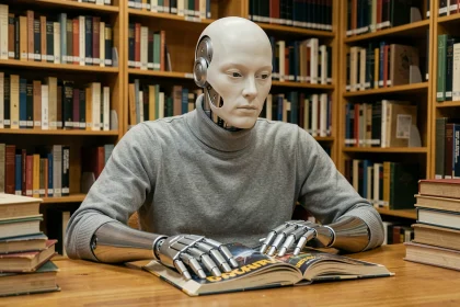 Robot androïde humanoïde assis dans une bibliothèque universitaire feuilletant un livre de science-fiction