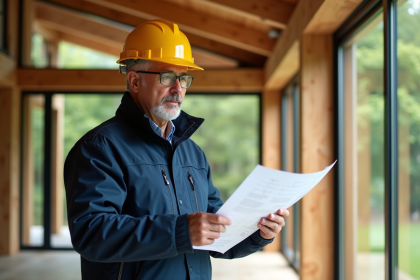 Architecte en veste de travail examine plans durables intérieur