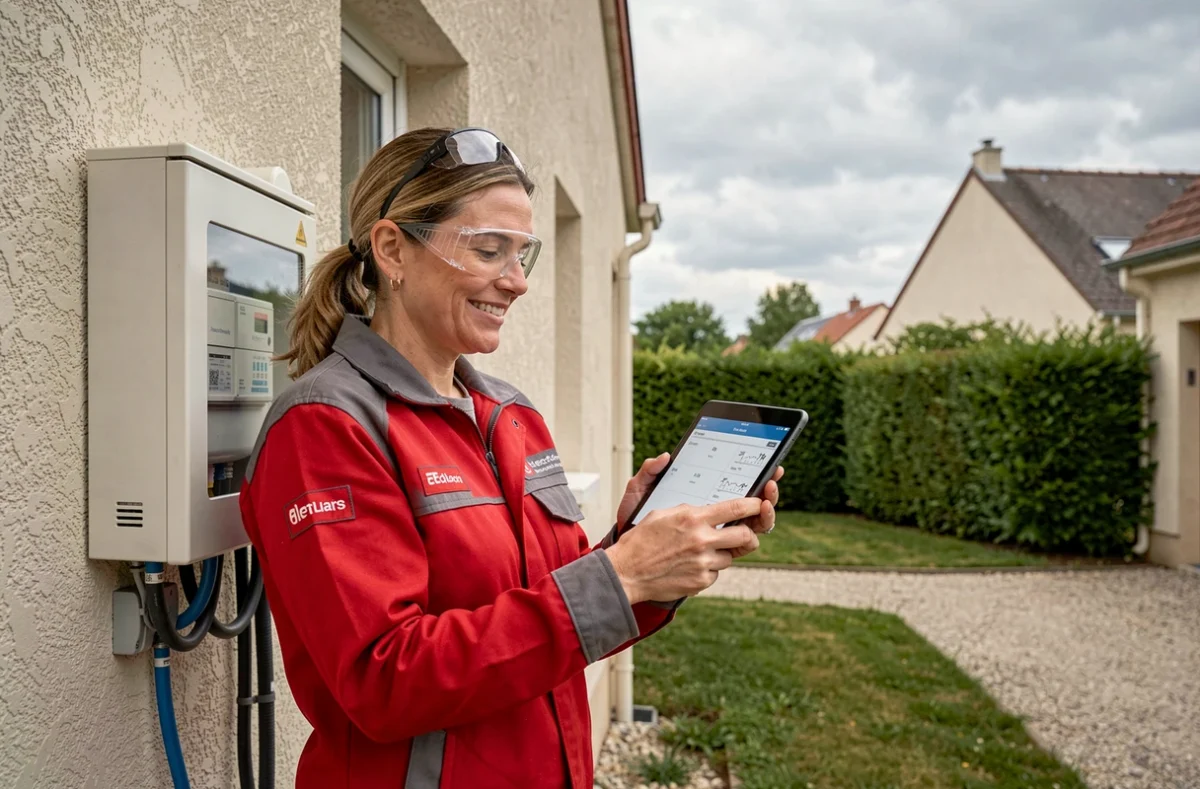 Technicienne ARNEO vérifiant un compteur électrique extérieur d'une maison des Yvelines