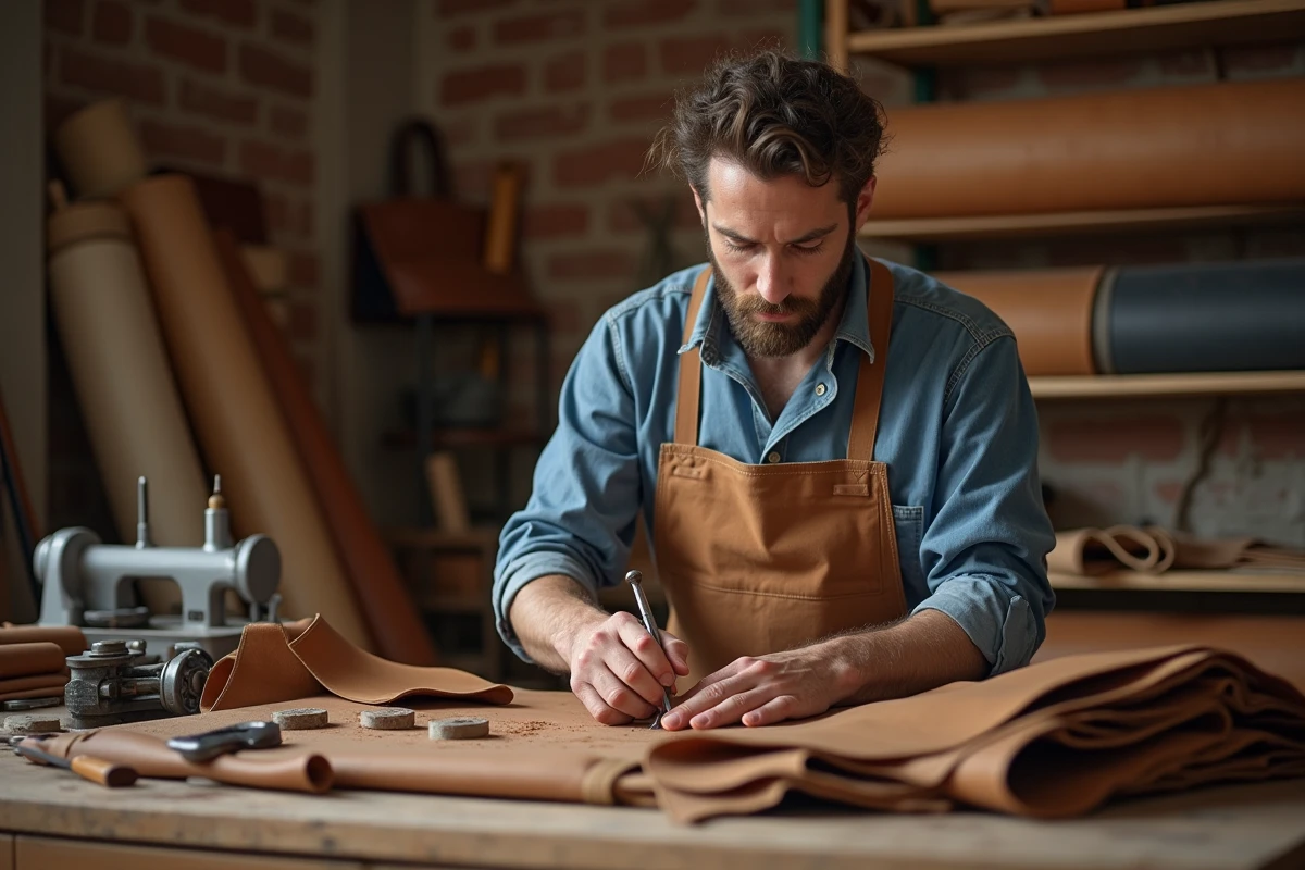 Artisan maroquinier cousant à la main un sac en cuir végétal dans un atelier parisien traditionnel, illustrant le savoir-faire Faubourg de Paris