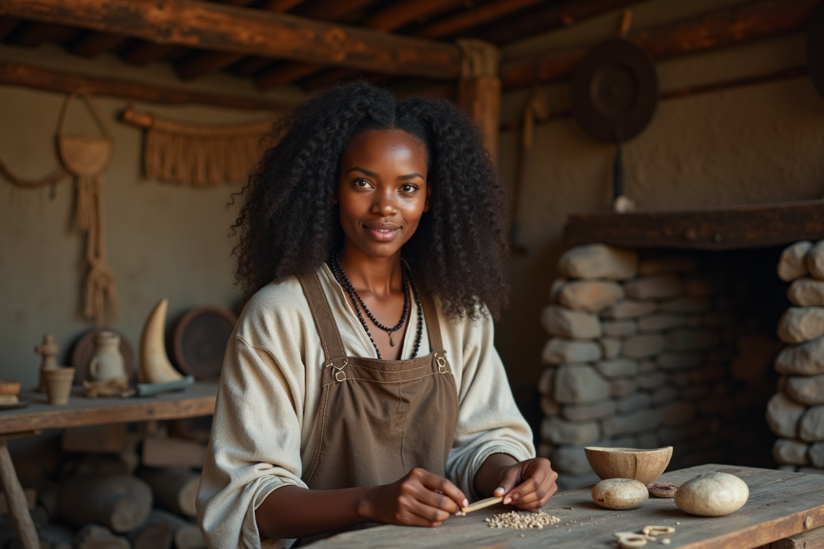 Femme viking sculptant un peigne en os dans une longhouse