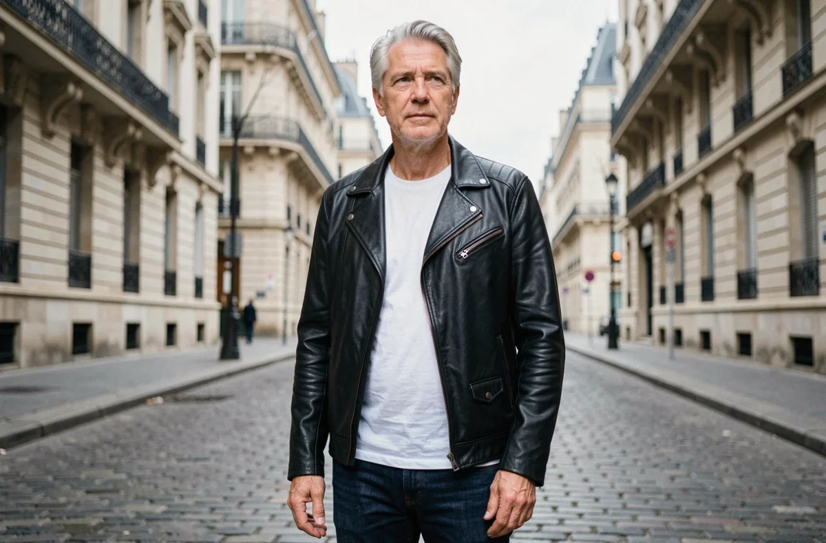 Homme grand aux cheveux argentés en blouson de cuir dans une rue parisienne, évoquant le style et la silhouette d'un artiste français emblématique