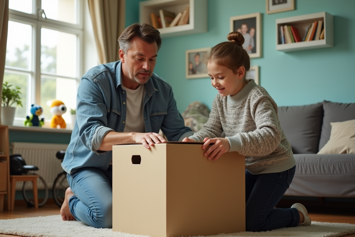 Pere et fille assemblant une étagère dans le salon lumineux
