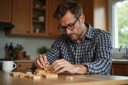 Homme d'âge moyen assemble un puzzle en bois dans la cuisine