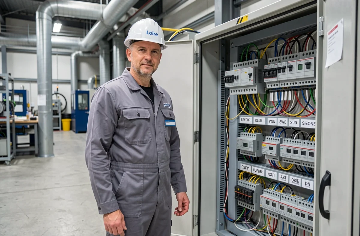 Spécialiste en automatismes d'Autom'Elec Industrie devant un armoire électrique industrielle dans la Loire