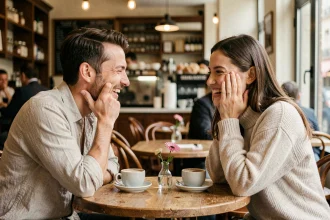 Couple riant ensemble lors d'un premier rendez-vous dans un café parisien chaleureux