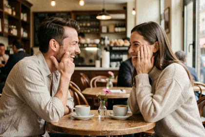 Couple riant ensemble lors d'un premier rendez-vous dans un café parisien chaleureux