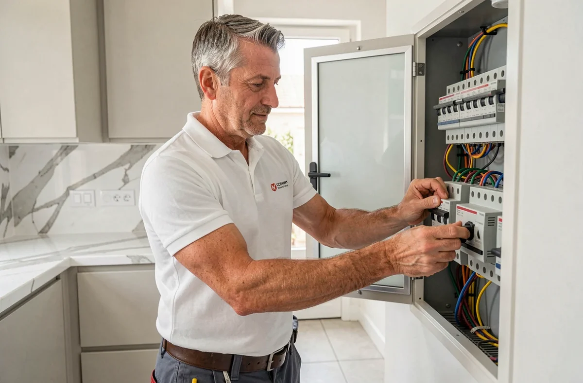 Électricien BMO Service installant un disjoncteur dans une cuisine moderne des Yvelines