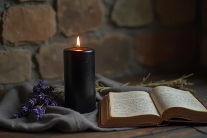 Bougie noire allumée posée sur une surface en bois avec un journal ouvert et des brins de lavande séchée, symbolisant le deuil et la fin d'un cycle