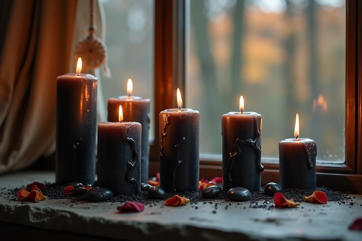 Plusieurs bougies noires de différentes hauteurs disposées sur un rebord de fenêtre en pierre ancienne avec des pétales de rose séchés et des pierres d'obsidienne, évoquant la fin d'un cycle et le rituel de deuil