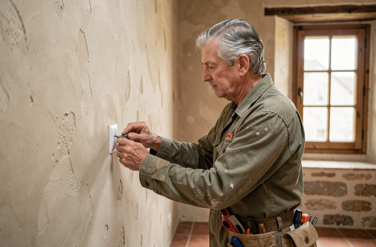 Artisan électricien Jean Yves Breat remplaçant une prise électrique dans une maison traditionnelle de la Loire