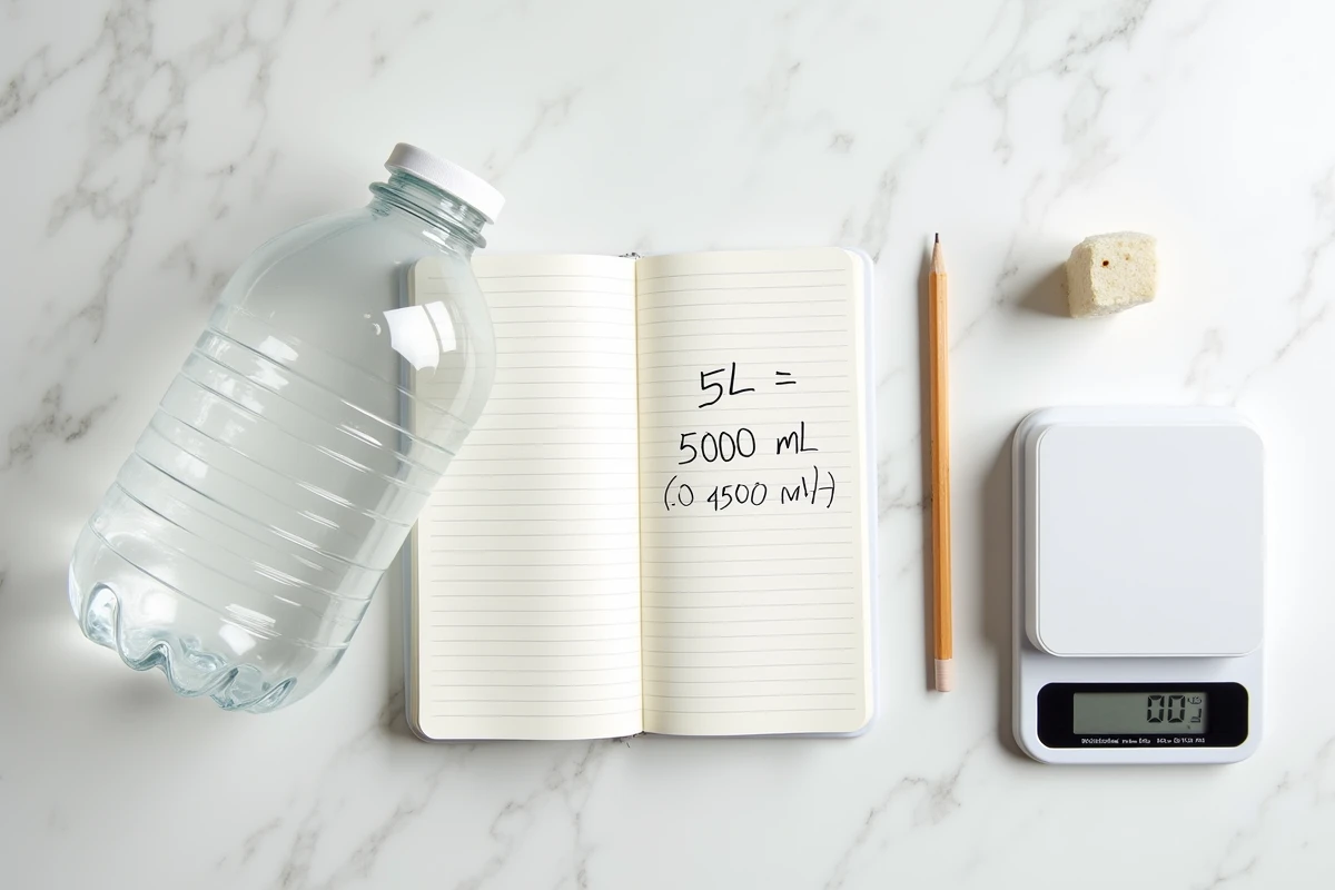 Vue de dessus d'une bouteille de 5 litres posée à plat à côté d'un cahier ouvert montrant des calculs manuscrits de conversion litres en millilitres sur un plan en marbre blanc