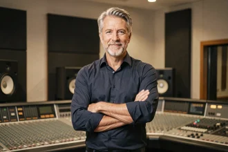 Portrait d'un chanteur charismatique aux cheveux poivre et sel dans un studio d'enregistrement, illustrant la carrière et le physique de Florent Pagny