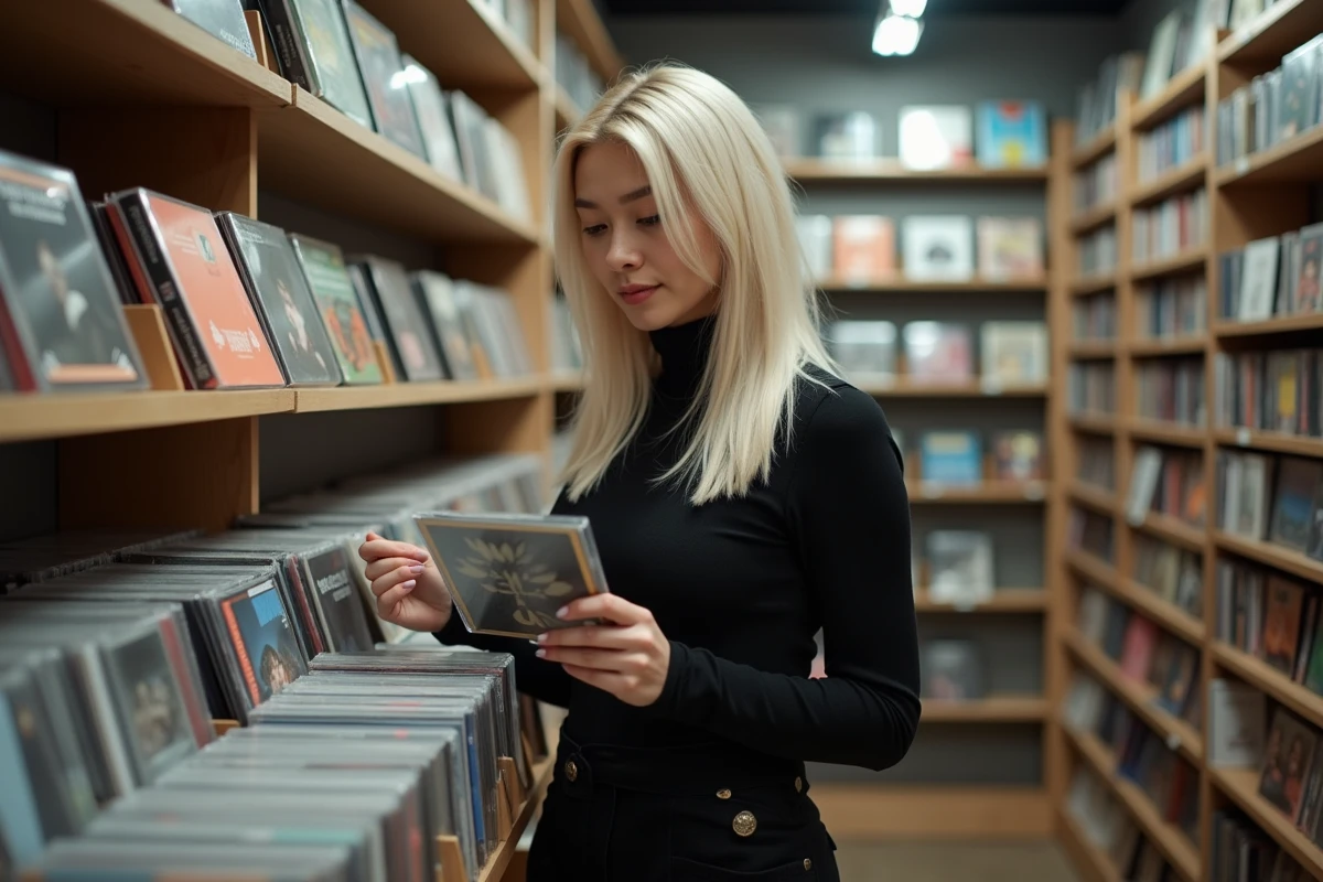 Femme explorant des albums CD dans un magasin de musique indépendant, rayonnages remplis de disques canadiens