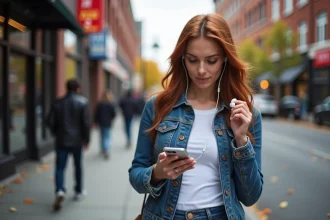 Femme écoutant de la musique sur smartphone dans une rue de Montréal en automne, ambiance urbaine canadienne