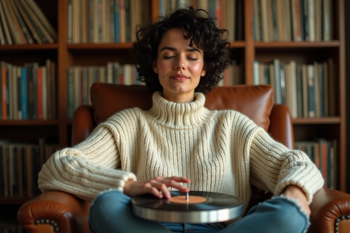 Femme écoutant un vinyle sur tourne-disque dans un salon cosy décoré de disques, ambiance musicale intimiste