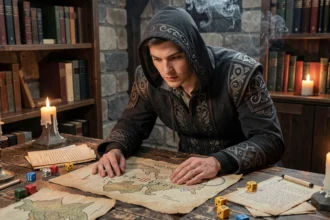 Joueur analysant une carte de quête et des objectifs de chasseur dans un décor médiéval fantastique