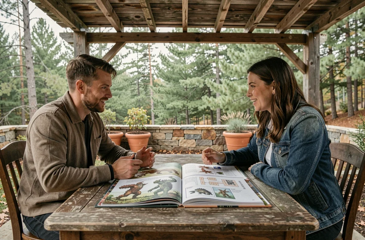 Deux joueurs discutant de l'ordre des objectifs et des combats du chasseur Dofus autour d'un guide illustré