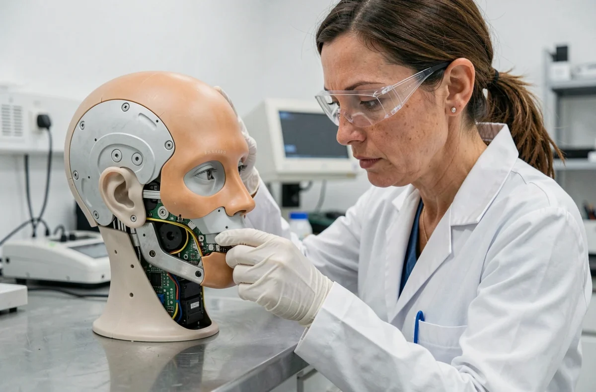 Chercheuse en robotique assemblant la tête d'un androïde dans un laboratoire scientifique moderne