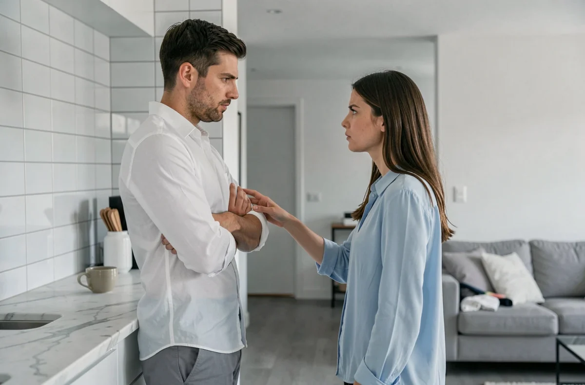 Couple en confrontation silencieuse dans une cuisine moderne, illustrant la tension et la trahison dans une relation amoureuse