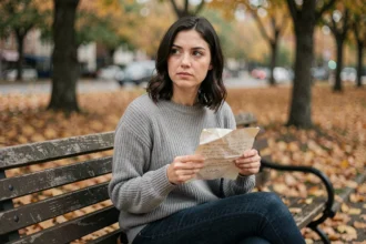 Femme seule sur un banc de parc en automne tenant une lettre froissée, symbolisant la trahison amoureuse et la douleur d'une rupture