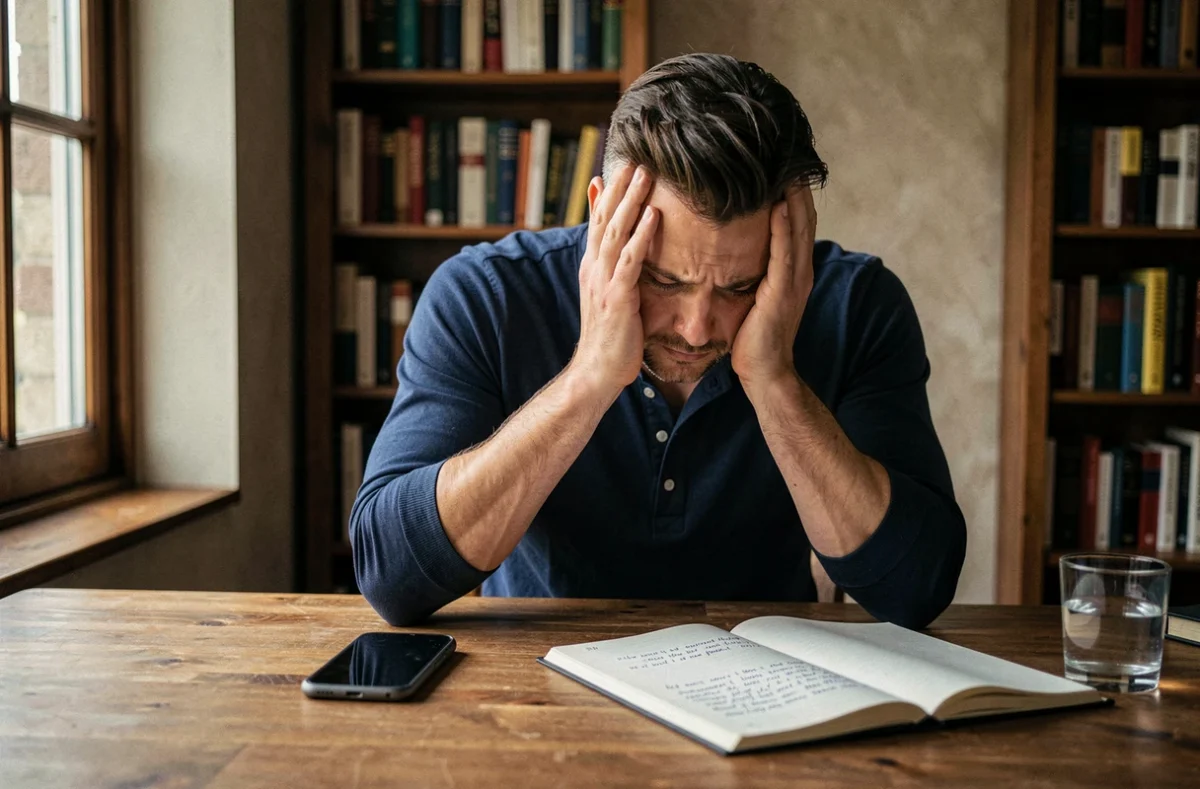 Homme seul à son bureau la tête dans les mains face à un téléphone retourné, évoquant la douleur de la trahison amoureuse et la réflexion intérieure