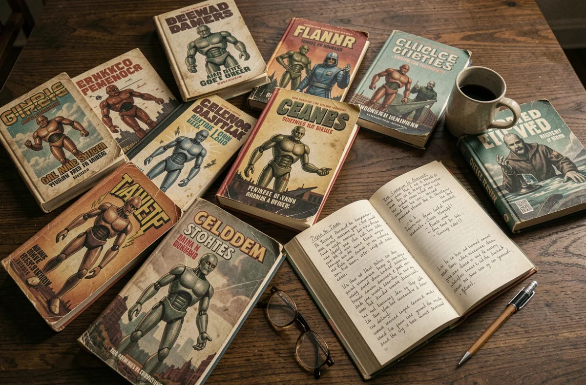 Collection de livres de science-fiction vintage sur androïdes et robots humanoïdes posés sur une table en bois