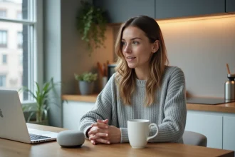 Femme utilisant une commande vocale avec un assistant Google à la maison pour lancer un dé virtuel